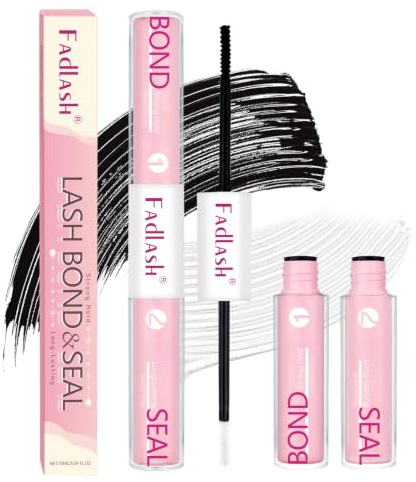 FADLASH Lash Bond and Seal Individual Cluster Lashes Glue Cluster DIY Eyelash Extensions Adhesive Strong Hold 48-72 Hours Waterproof Latex Free Suitable for Sensitive Eyes 0.2OZ+0.2OZ Clear-Tube+Pink