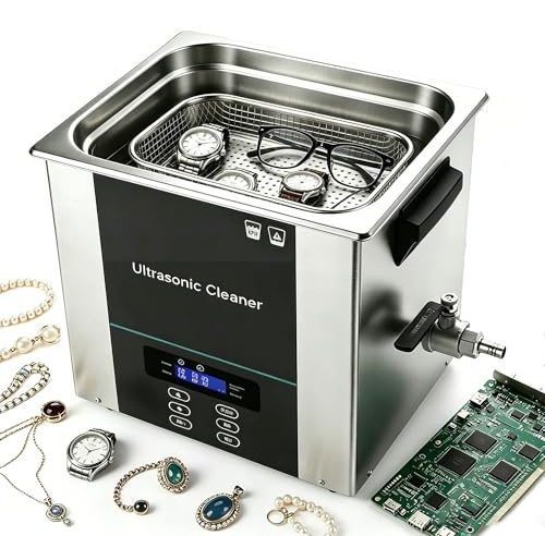 POCDOKYZ 10L Capacity Ultrasonic Cleaner for Lab, Circuit Boards, Jewelry, 40kHz with Degassing, Drain Valve & Carrying Handle, Adjustable Timer 0-60 Min & RT-100°C Heating