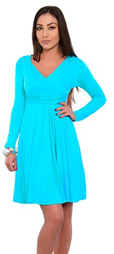 FUTURO FASHION Classic & Sensible Women's Dress V-Neck Long Sleeve Empire Y8467 Aqua