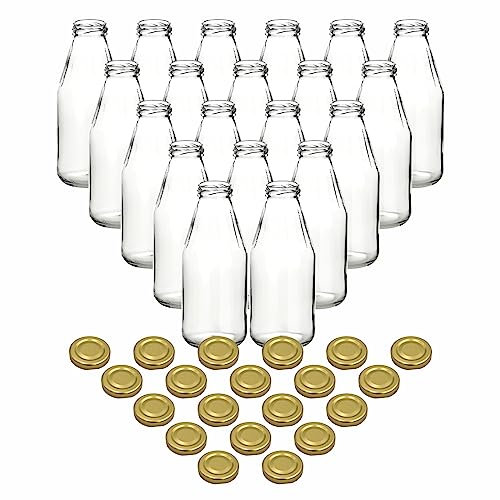 gouveo 20er Set Saftflasche 500 ml mit Schraubdeckel goldfarben - Runde Glasflasche 0,5 l mit TO43 Verschluss - Leere Flasche zum Befüllen für Küche und Haushalt (SF500G)