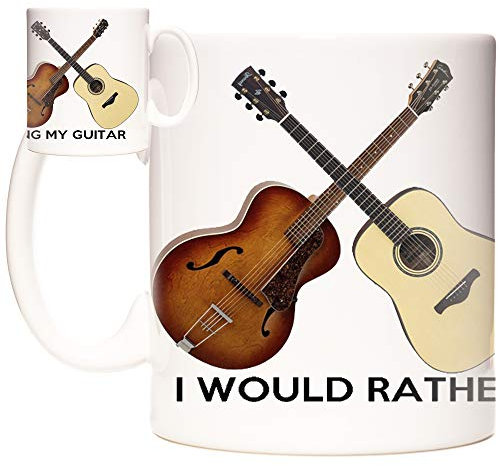 KAZMUGZ Tasse à café en céramique avec inscription « I Would Rather Be Playing My Guitar » - 325 ml - Pour guitaristes partout - Images croisées de guitare acoustique