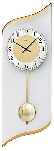 AMS Pendeluhr 7437 Wohnzimmer Wanduhr aus geschwungenem Glas Wand Glasuhr mit Metallpendel Dekouhr by AMS