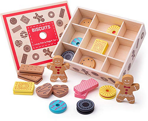 Bigjigs Toys Wooden Box of Biscuits Play Food - 9 Assorted Wooden Play Food Biscuits , Quality Toy Food for Toddlers & Children , Perfect Kids Wooden Kitchen Accessories for Tea Parties