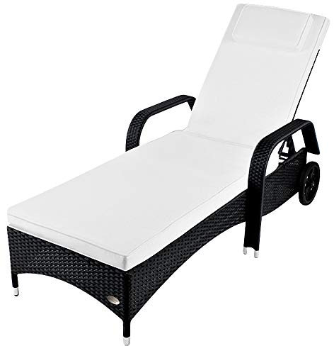 RS Trade Sonnenliege Toscana Schwarz - Outdoor Liege mit beständigem Poly-Rattan-Geflecht - verstellbare Rückenlehne - Armlehnen & breite Liegefläche - inkl. Kopfteil und Auflage