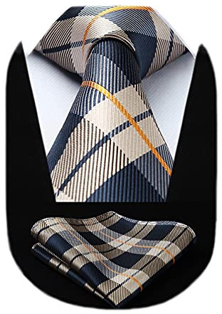 HISDERN Extra Lange Check Krawatte Taschentuch Herren Krawatte & Einstecktuch Set Braun und Marineblau