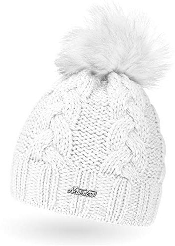 Neverless Damen Strick-Mütze gefüttert mit Kunstfell-Bommel, Winter-Mütze, Bommelmütze, weiß Unisize