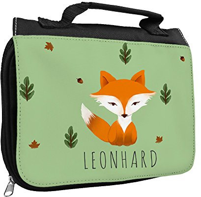 Kulturbeutel mit Namen Leonhard und schönem Fuchs-Motiv für Jungen | Kulturtasche mit Vornamen | Waschtasche für Kinder