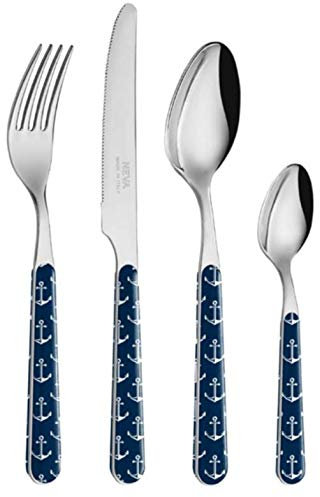 NEVA | BISTROT Mare Collection Set 24 Posate, Set Posate in Acciaio Inox, Lavaggio in Lavastoviglie, Decorazione Indelebile, Ancora Blu