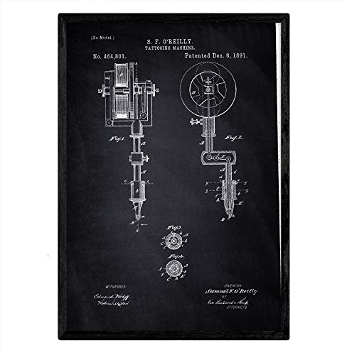 Nacnic Poster Patent Tätowiermaschine. Blatt mit altem Design-Patent A3-Format mit schwarzem Hintergrund