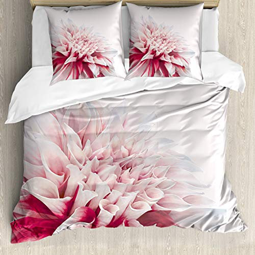 ABAKUHAUS Dahlie Bettbezugs Set Für Doppelbetten, Close up Blumenblüte, Milbensicher Allergiker geeignet mit Kissenbezügen, Ruby-Elfenbein-Weiß