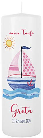 Striefchen® Taufkerze für Mädchen mit Namen u. Taufdatum sowie eigenen Taufspruch 8 x 25 cm - Motiv Segelschiff