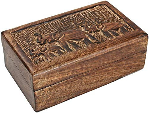 Ajuny Handgeschnitzte Dekorative Schmuckschatulle aus Holz mit Elefantenmotiv Rustikales Finish Aufbewahrung von Andenken Reise Organizer Schatztruhe Schmuckhalter Geschenke - 9 x 6 Zoll