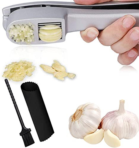Premium Knoblauchschneider, Knoblauchpresse, Knoblauchzerkleinerer und Schäler Set, Edelstahl, Knoblauchzerkleinerer 2-in-1, rostfrei und leicht zu reinigen