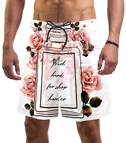 Eslifey Strand-Shorts für Herren, Wasserfarben, Pink, Parfüm, Glasflasche und Rosen, Badehose, elastische Badehose, Boardshorts für Herren Gr. S 7-9, multi