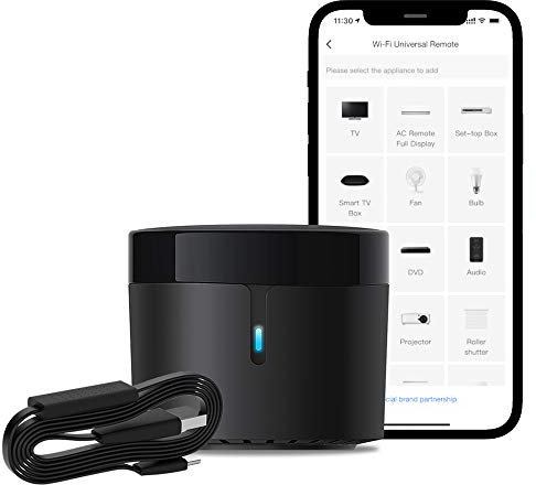 BroadLink RM4 Mini Smart Remote and Sensor Cable Set RM4 Mini S (solo Wi-Fi de 2.4 GHz), concentrador universal de control remoto IR con monitor de temperatura y humedad, cable USB, funciona con Alexa