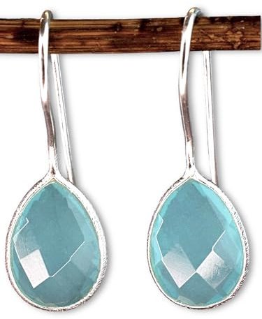 MadamLili - Silber Ohrringe Aquamarin Tröpfchen - 925 Sterling Echtsilber - Handgefertigt - Blau Hängende Edelstein Ohrhänger für Damen