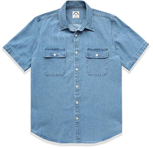 Dubinik®Mens Short Sleeve Button Down Shirts Denim Short Sleeve Shirt Men Two Pocket Western Soft Work Casual Denim Shirt Light Blue