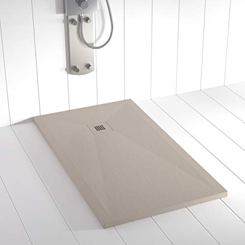 Piatto doccia in resina PLES scarico centrato lato superiore Colore Sabbia 130x80 finitura effetto ardesia antiscivolo, griglia dello stesso colore e piletta