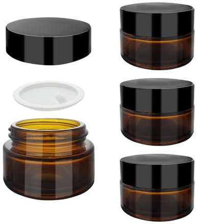 SyiXute 4 Pièce 20ml Pots à Cosmétiques en Verre Ambré,Pots de Verre Ambre Vider avec Doublure Intérieure Blanche et Couvercles Noirs - Conteneur Parfait pour Lotions et Crèmes pour Le Visage