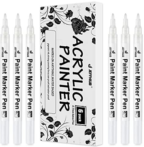 JEFFNIUB Acrylic Paint Pens, Set of 6 Permanent Markers 0.7mm Extra Fine Point Waterproof Art Pen for Stones,Canvas, Fabric, Wood, Metal and and DIY Painting - White
