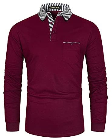 GHYUGR Men's Polo Shirt Long Sleeve Contrasting Plaid Splice Golf Tennis T-Shirt,Red,L