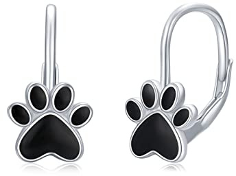 Pfoten Ohrringe 925 Sterling Silber Hypoallergene Tier Ohrringe Hundepfoten Creolen Pfoten Schmuck Geschenk für Damen Frauen Mädchen Kinder (Schwarz)