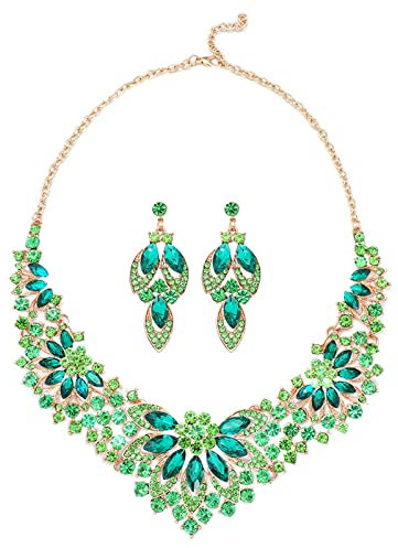 KONFEN Damen Hochzeit Schmuckset - Kristall Halskette und Ohrringe Set Braut Brautjungfer Kostüm Schmuck-Set für Frauen und Mädchen (Grün)
