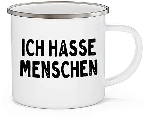 OM3® Lustige Emaille-Tasse mit Spruch - Ich hasse Menschen | Emailletasse Emaille Becher | 12oz 300ml | Beidseitig Bedruckt | Weiß-Metall