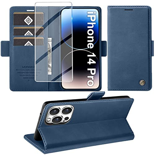 Giyer Handyhülle für iPhone 14 Pro Hülle mit Schutzfolie, Standfunktion Kartenfach Wallet Premium Leder Schutzhülle für iPhone 14 Pro 5G 6.1 Zoll Flip Case Cover Stoßfeste Klapphülle (Blau)