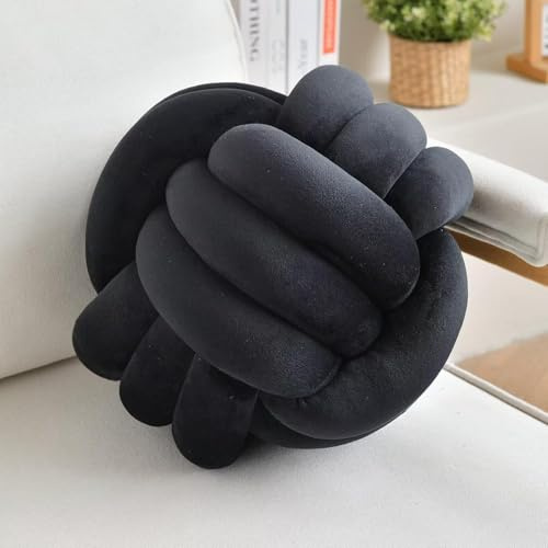 LUSJNGE Knot Pillow Ball Black 11 Inch Medium Decorative Throw Pillow | Velvet Spandex, Handmade, Round Knotted Cushion, 1 Count, Styled Accent Gifts for Sofa, Couch, Chair or Bed Room Home Decor