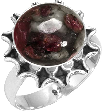 Jeweloporium Anello in argento Red Eudialyte, misura 10, anello in argento sterling 925 per donna, gioiello fatto a mano con pietra preziosa rotonda naturale