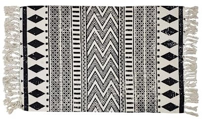 USTIDE Boho Flickenteppich aus Baumwolle, waschbar, Bauernhaus-Badquaste, Fransen, Chindi-Teppich, 60 x 90 cm, Schwarz und Creme