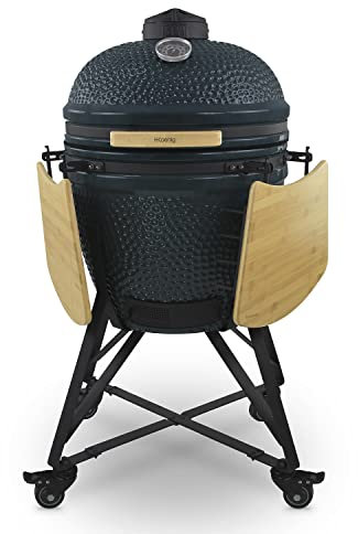 H.Koenig Barbacoa Kamado YOKO21, Barbacoa japonesa de carbón cerámico 55cm, Cocción lenta/Barbacoa/Grill/Ahumador, Termómetro incorporado, hasta 450°C, Distribución uniforme calor, 5-7 personas, Negro
