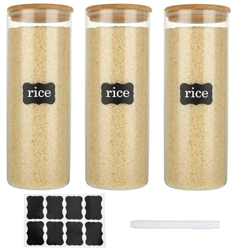 DAJAVE 3 Pack Glass Storage Jars with Bamboo Lids 2200ml Airtight Food Storage Jars for Kitchen Clear Large Spaghetti Storage Jar for Pasta, Flour, Cereal, Candy, Cookie, with Labels and Pen