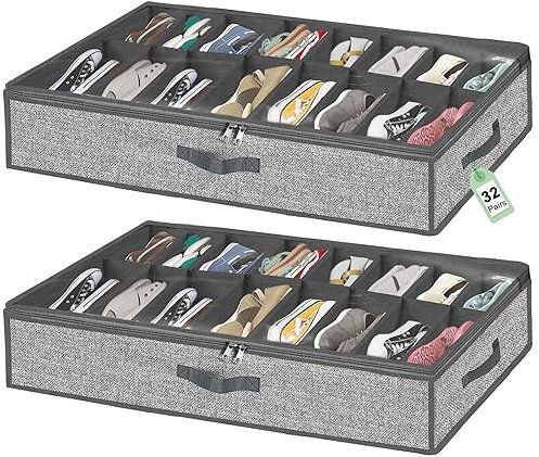 32 Pairs Shoe Organizer Under Bed, Underbed Shoe Storage Boxes Bins, Organizador De Zapatos, Extra Large Zapateras Organizer, Grey, Set of 2