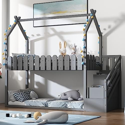 Daesar Rausfallschutz Bett Holz, Kinderbett Hausbett Mädchen mit Schubladen und Treppe, Bettgestell mit Lattenrost, Modern Holzbett Grau ohne Matratze