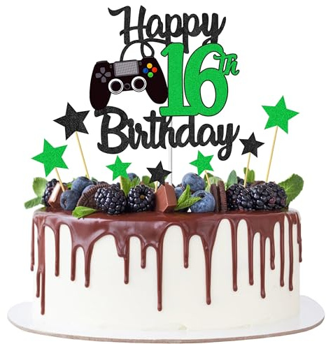 Joyeah Happy 16th Birthday Cake Topper Glitter Video Game Cake Pick Game On Cheers to 16 Years Cake Decoration for Game Theme Happy 16th Birthday Party Supplies Green