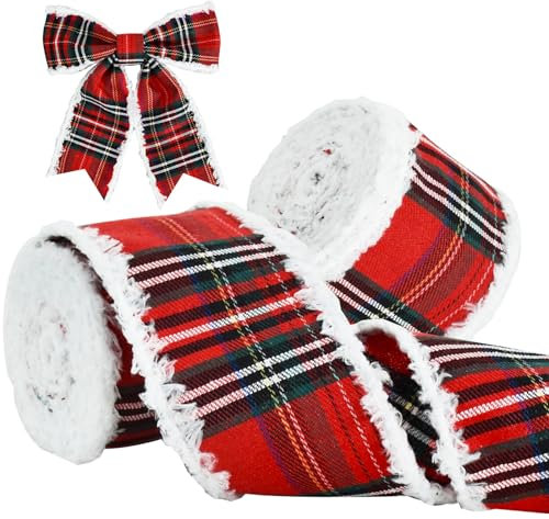 TONIFUL Red and Green Plaid Ribbon Wired By White fur, 6cm x 6yds,2pcs Ribbon for Christmas Party Decoration, Bow Making, Hair Accessories and Handmade Crafts Gifts Wrapping