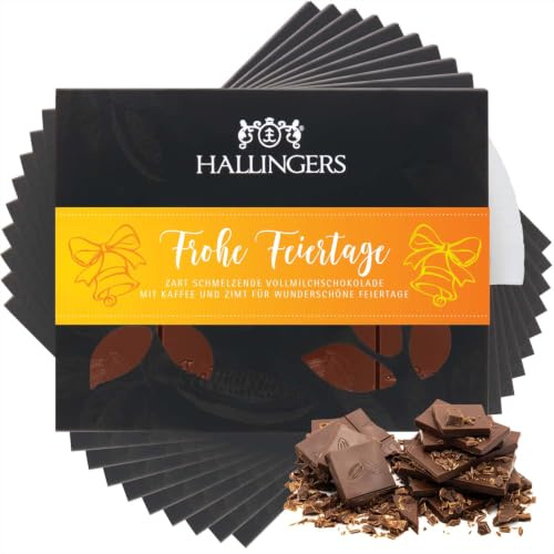Hallingers Genuss Manufaktur Schokolade Weihnachts-Geschenk - Tafel Edelkakao handgeschöpft ohne Alkohol edler Karton 10x Frohe Feiertage Kaffee-Zimt, Weihnachten für Frauen Männer