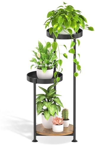 KAZITOO 3 Tier Metal Plant Stands Indoor Outdoor, 77cm Corner Plant Holder Plant Shelf for Flower Pots, Modern Display Rack with Wooden Plate for Living Room Office Garden Balcony Patio