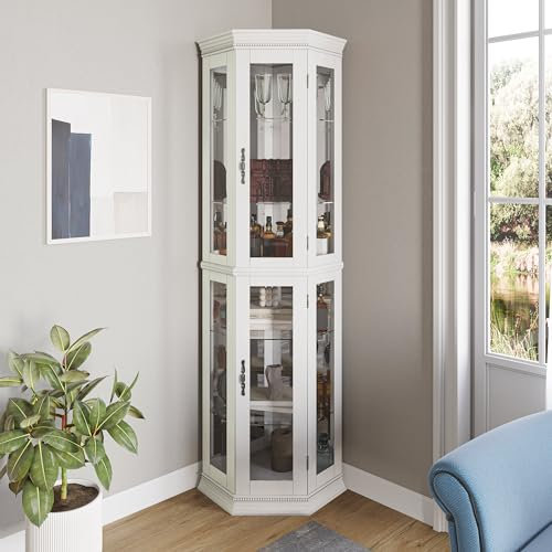 BELLEZE Armoire Curio Lumineuse à 3 côtés avec Portes et étagères en Verre trempé, Armoire d'angle en Bois avec Ampoule, étagère de Rangement d'angle pour décoration de Salon et Chambre à Coucher