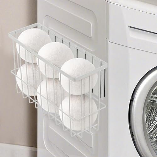 Qivine Magnetic Dryer Balls Holder for Laundry Room, White Medium Magnetic Lint Bin, Wool Dryer Ball Organizer with Magnetic Basket on the Back for Laundry Room Organization and Storage (26*8*15.5CM)