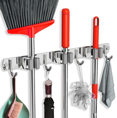 FODARSAI Mop and Broom Holder Wall Mount, Upgraded Broom Hanger Wall Mount, Stainless Steel Broom Organizer for Closet Garage Laundry Room Kitchen Wall Decor(3Racks 4Hooks Silver)