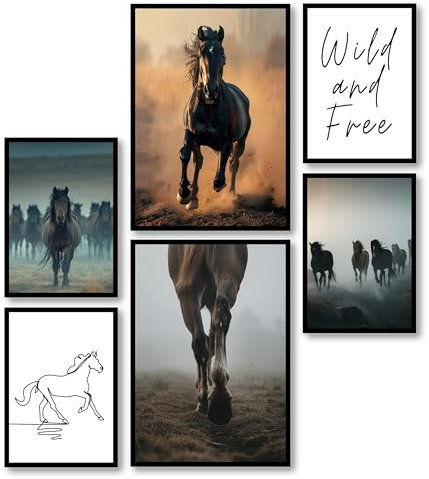 MJ-GRAPHICS® | Mood Poster Set Wildpferde Poster Set - Pferde, Wild and Free - Nautur, One Line - Wandkunst Wohnzimmer, Mädchenzimmer und Naturliebhaber - 2x A3 & 4xA2 Kunstdrucke - ohne Rahmen