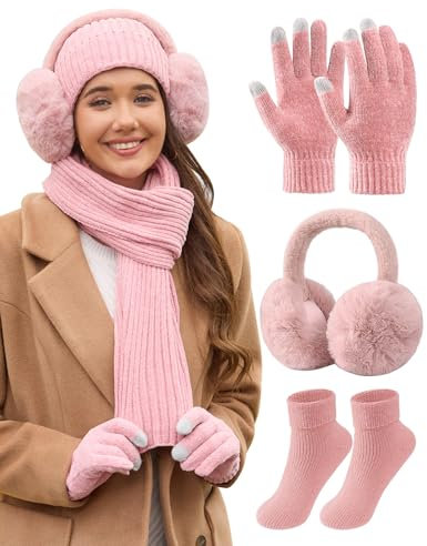 PASUDA Damen Wintermütze Schal Handschuhe Ohrenschützer und Socken Set Winter Warme Beanie Strickmütze Lang Winterschal Winterhandschuhe Plüsch Ohrenschützer Winterzubehör Kombi Set (Rosa, One Size)