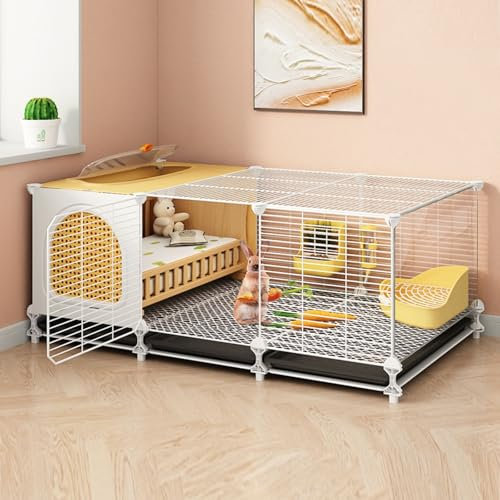 Gabbia per Conigli, Conigliera Da Interni con Area Lounge Chiusa e Casetta per Conigli con Vassoi Scorrevoli per Furetti, Cincillà e Ricci