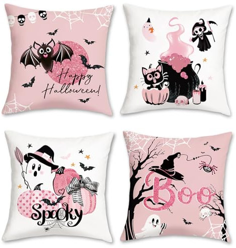 Bonhause Housse de Coussin Halloween 45 x 45 cm Citrouille Chauve-Souris Chat Rose Décoratif Taie d'oreiller pour Canapé Salon Chambre Chaise Jardin Maison Décoration 4 Pièces