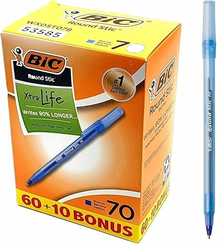 Bic Inc 70 bolígrafos redondos Xtra Life Stic | Escribe un 90% más largo | Barril suave y flexible para un agarre cómodo | Punta de tungsteno, mediana de 1,0 mm | Tinta azul