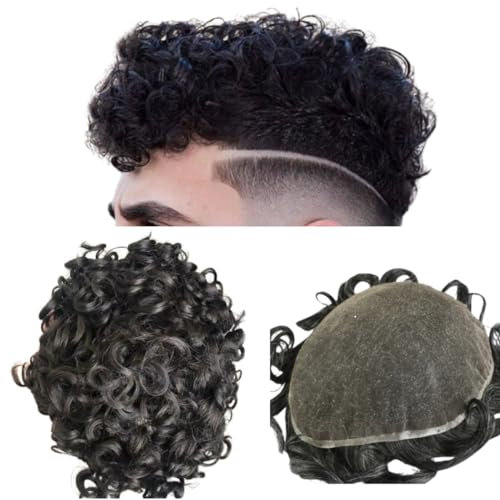 Mprosthesis Toupet für Männer - Echthaar-Perücke mit weichen Schweizer Spitzenhaareinheiten, 10 mm gewelltes Herren-Perücke-Toupet-Haar, 10 x 8 - #1 Jet Black - 110% Dichte - Casual - Für Männer