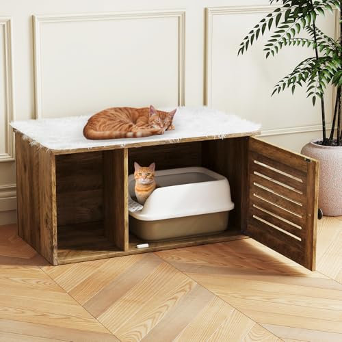 COSTWAY Cat Litter Box Enclosure, Wooden Kitty Hidden Washroom Toilet with Winding Entry & Louvered Door, Indoor Cats House Cabinet Side End Table Nightstand for Bedroom Living Room Hallway, Oak